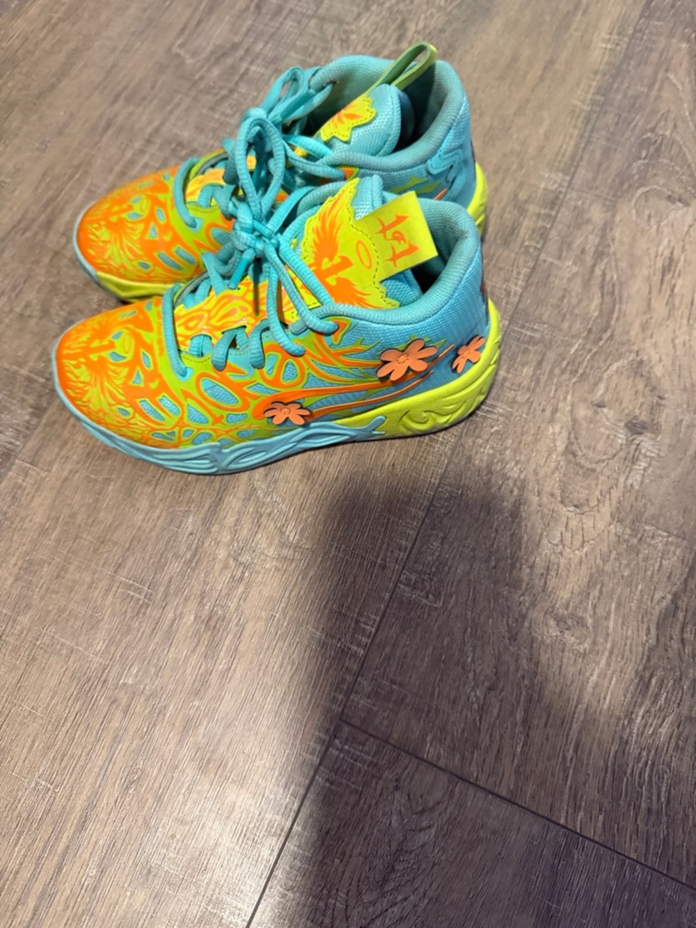 Puma Lamelo Ball Scooby-Do Kids Sneakers - Teal, Orange & Yellow Floral Design